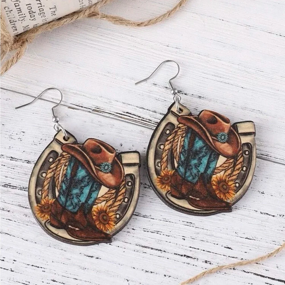 Boho festival western style wood earrings with boot, hat & horseshoe design